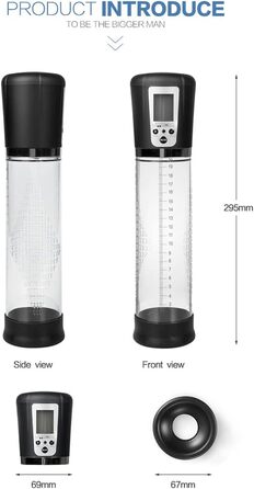 Електрична вакуумна помпа для збільшення статевого члена з акумулятором, LCD дисплеєм - 20см Ø7см - для чоловіків, допомога при еректильній дисфункції, тренування потенції