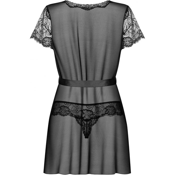 Сексуальний жіночий комплект білизни Selente Love & Fun: халат, танга/ніжна сорочка та шовкова маска для очей, чорний з квітковою мереживом (L-XL), Made in EU