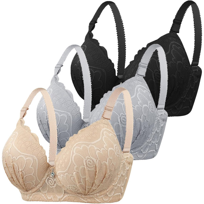 3 шт. бюстгальтерів CXCX для жінок з пуш-ап, кісточками, мереживом, регульованими бретелями, підтримка великої груди, класичний комплект бюстгальтерів, зручна білизна (бежевий+сірий+чорний), 95D