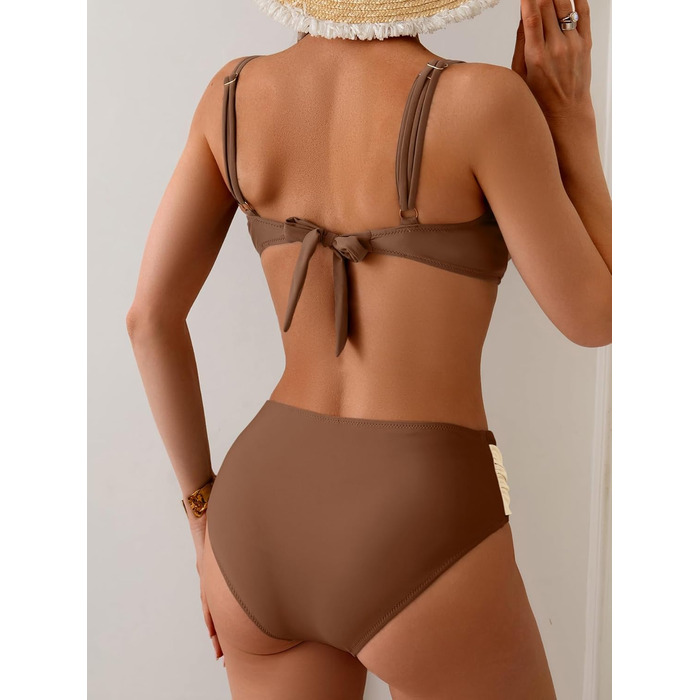 Бікіні жіноче двочастинне, спортивне, з V-подібним вирізом, колір блоку, з регульованими бретелями, коричневе, бежеве, розмір B M