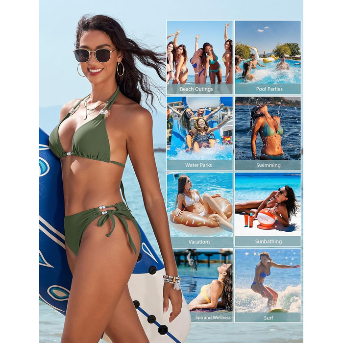 БІКІНІ Triange Bikini для жінок, комплект, сексуальний стрінг, купальник з високою талією, push-up, з перлами, танга, бавовна, XXL (зелений)