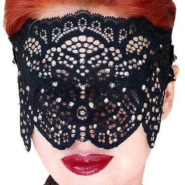 Чорна мереживна маска для жінок з чорними стразами, елегантна маска на пів обличчя, маска для маскараду та карнавалу, мереживна вечірня маска з гумкою (Чорний (білі стрази))