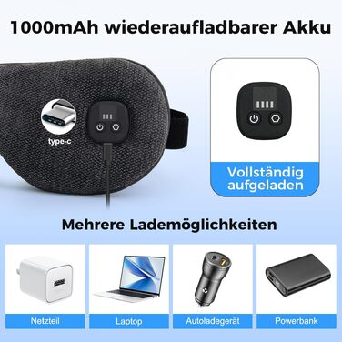 Електрична зігріваюча маска для очей з акумулятором 1000mAh, USB-оцігрівач з 4 рівнями температури та знімним чохлом, чорна