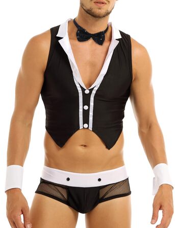 Костюм бармена Freebily 4шт: меш, боксери, краватка, жилет. Чорний. Еротичний костюм для рольових ігор, клубної моди. Розмір універсальний