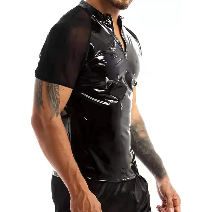 Чоловіча сорочка з лакованої шкіри, Wetlook, коротка, чорна - AIEOE