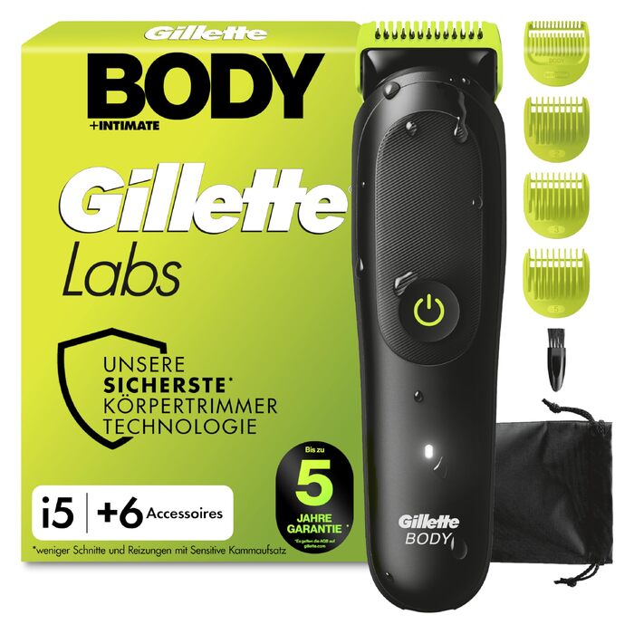Тример для тіла та інтимних зон Gillette Labs i5 Body + Intimate, чорно-зелений, водонепроникний, з технологією SkinFirst та набором аксесуарів (7 шт)