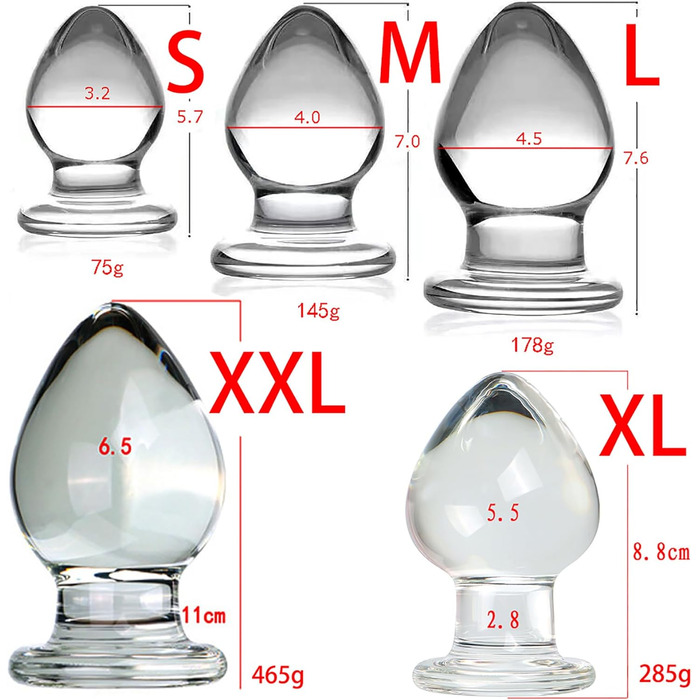 Скляний анальний плаг ScreaAss, 5 розмірів (32/40/45/55/65 мм), набір, прозорий. Іграшки для дорослих для жінок та чоловіків.