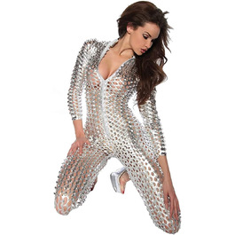 Сексуальний сріблястий металевий боді для жінок MIMIKRY з перфорацією. Костюм, комбінезон, для дискотеки 70-х, 80-х
