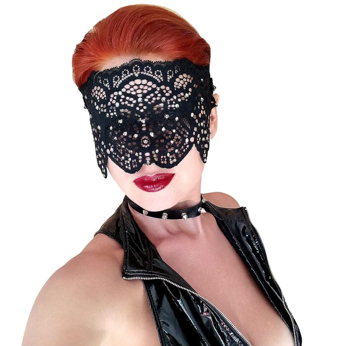 Чорна мереживна маска для жінок з чорними стразами, елегантна маска на пів обличчя, маска для маскараду та карнавалу, мереживна вечірня маска з гумкою (Чорний (білі стрази))