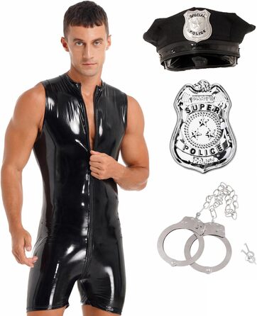 Костюм поліцейського для чоловіків Fldy: комплект з 4 предметів (кепка, шкіряний комбінезон, ефект мокрого блиску, чорний, XL)