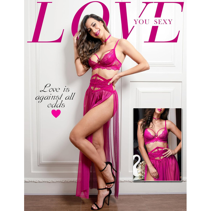 Сексуальний жіночий комплект спідньої білизни LOVE YOU з мережива: бюстгальтер, пояс, прозорий мереживний халат та стрінги (80B, Рожево-фіолетовий)