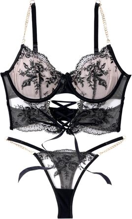 FEOYA Комплект бюстгальтера та трусиків push-up з мереживом та вишивкою, чорний, XL